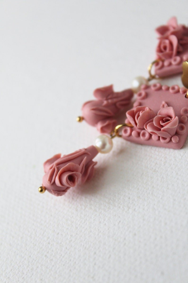 Rose Dangle Earrings, Polymer Clay Earrings with Freshwater Pearls, Stainless Steel Studs, Dusty Pink - Studio Niani