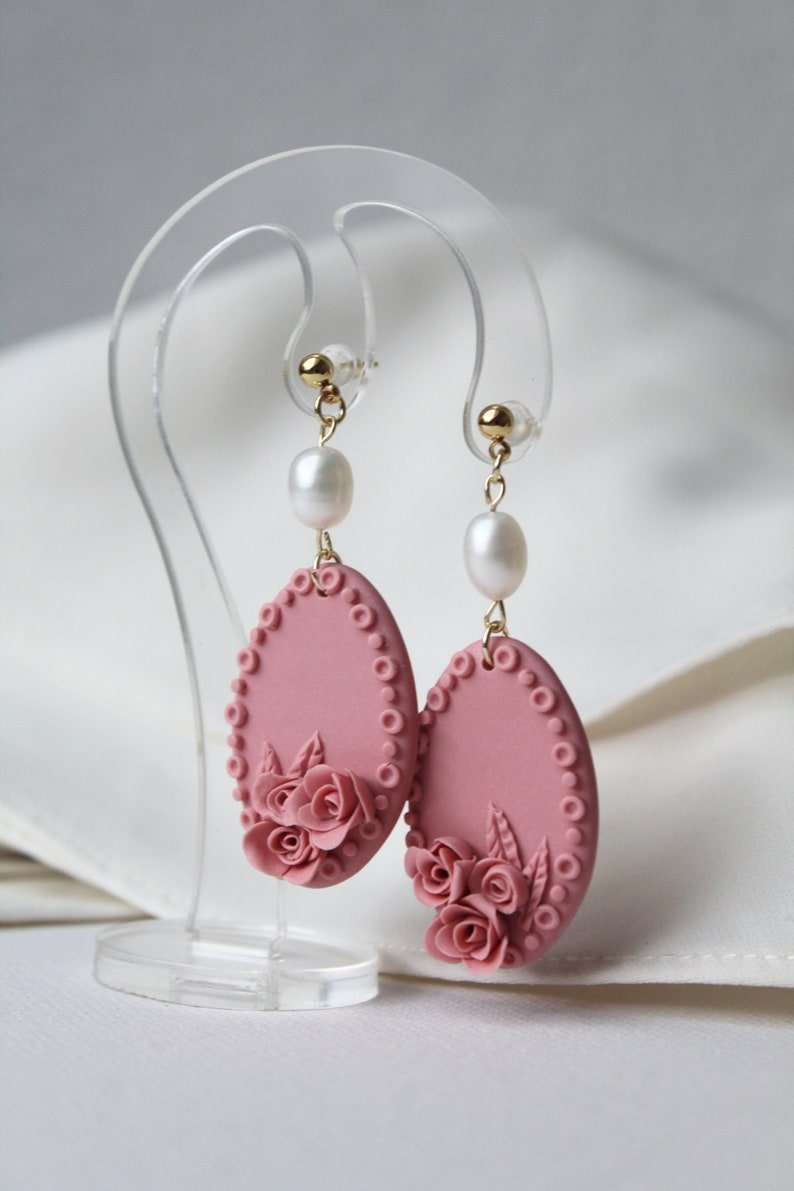 Rose Earrings, Floral Earrings, Polymer Clay Earrings with Freshwater Pearls - Studio Niani
