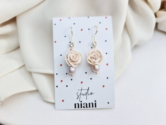 Rose Earrings with Freshwater Pearls, 24K Gold Plated Hooks with Zircon - Studio Niani