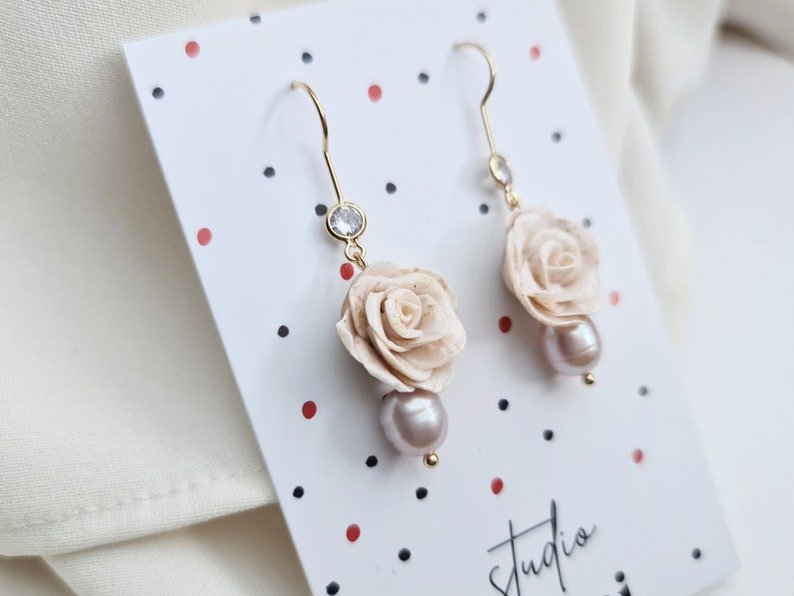 Rose Earrings with Freshwater Pearls, 24K Gold Plated Hooks with Zircon - Studio Niani