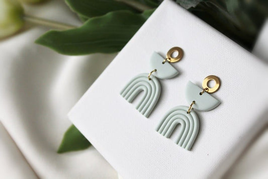 Sage Green Rainbow Earrings, Statement Earrings, Polymer Clay Earrings, Boho, Stainless Steel Studs - Studio Niani