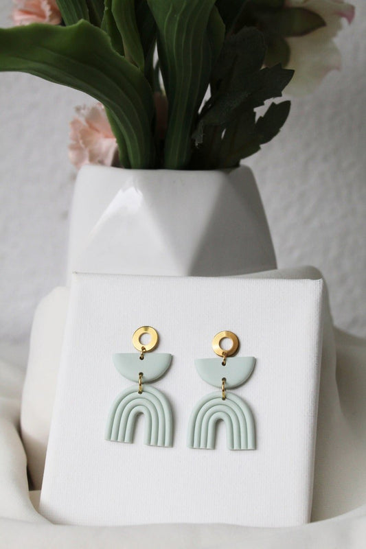 Sage Green Rainbow Earrings, Statement Earrings, Polymer Clay Earrings, Boho, Stainless Steel Studs - Studio Niani