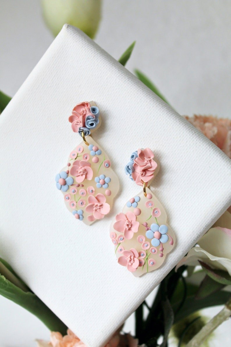 Spring Floral Earrings, Polymer Clay Earrings, Bridal, Light Pink and Blue - Studio Niani