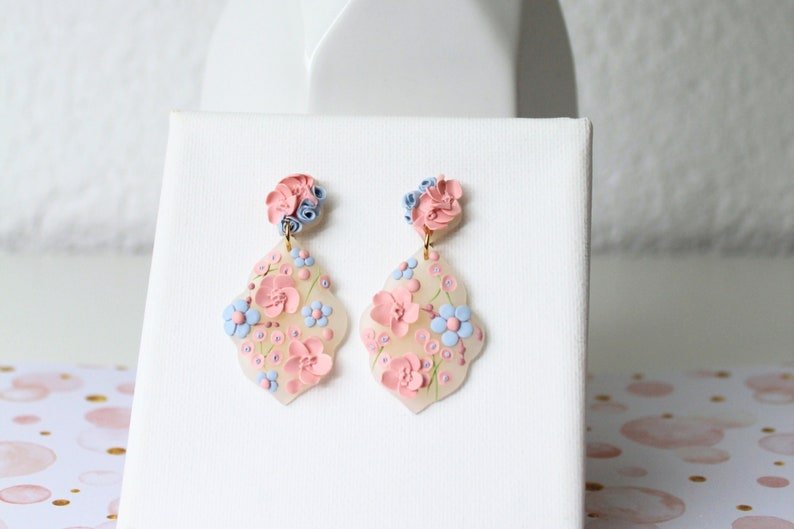 Spring Floral Earrings, Polymer Clay Earrings, Bridal, Light Pink and Blue - Studio Niani