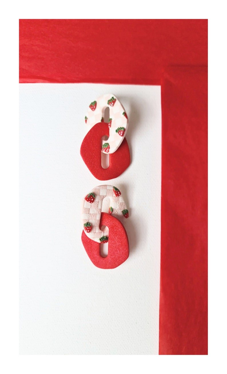 Strawberry Earrings, Chain Link Earrings, Polymer Clay Earrings, Pink Checkerboard - Studio Niani