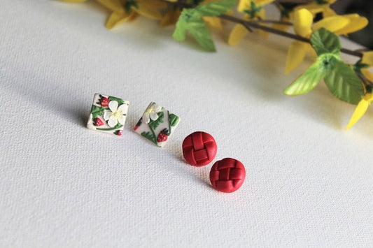 Strawberry Earrings, Stud Pack, Polymer Clay Stud Earrings, Floral, Cute Stud Set - Studio Niani