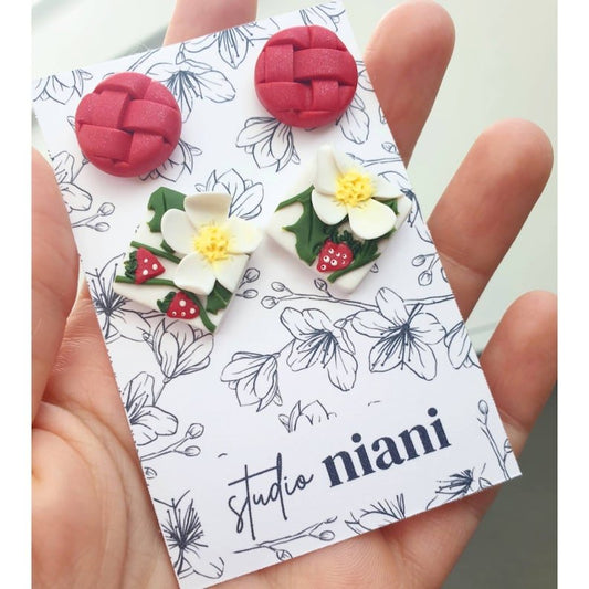 Strawberry Earrings, Stud Pack, Polymer Clay Stud Earrings, Floral, Cute Stud Set - Studio Niani