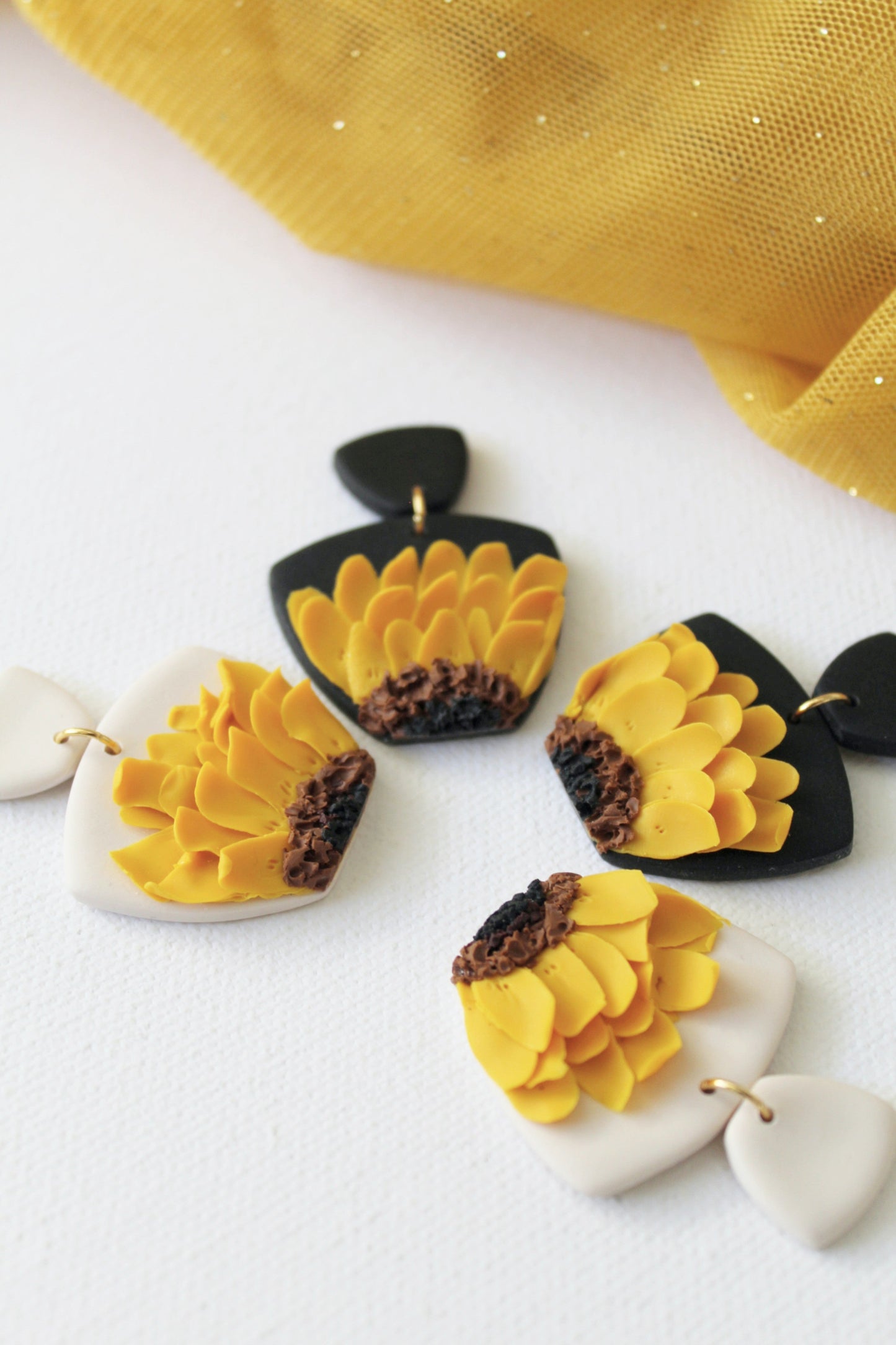 Sunflower Earrings, Polymer Clay Floral Earrings, Black and Beige - Studio Niani