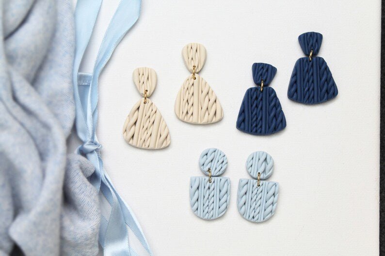 Sweater Earrings, Knitted Polymer Clay Earrings, Navy Blue, Light Blue and Beige - Studio Niani