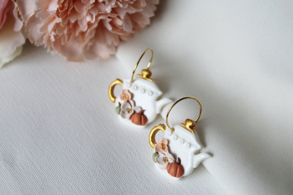 Tea Pot Earrings, Handmade, Autumn Earrings, Polymer Clay Earrings, 18K Golden Plated Hoops