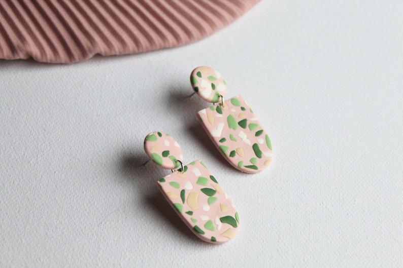 Terrazzo Earrings, Polymer Clay Earrings, Pink and Green Mosaic - Studio Niani