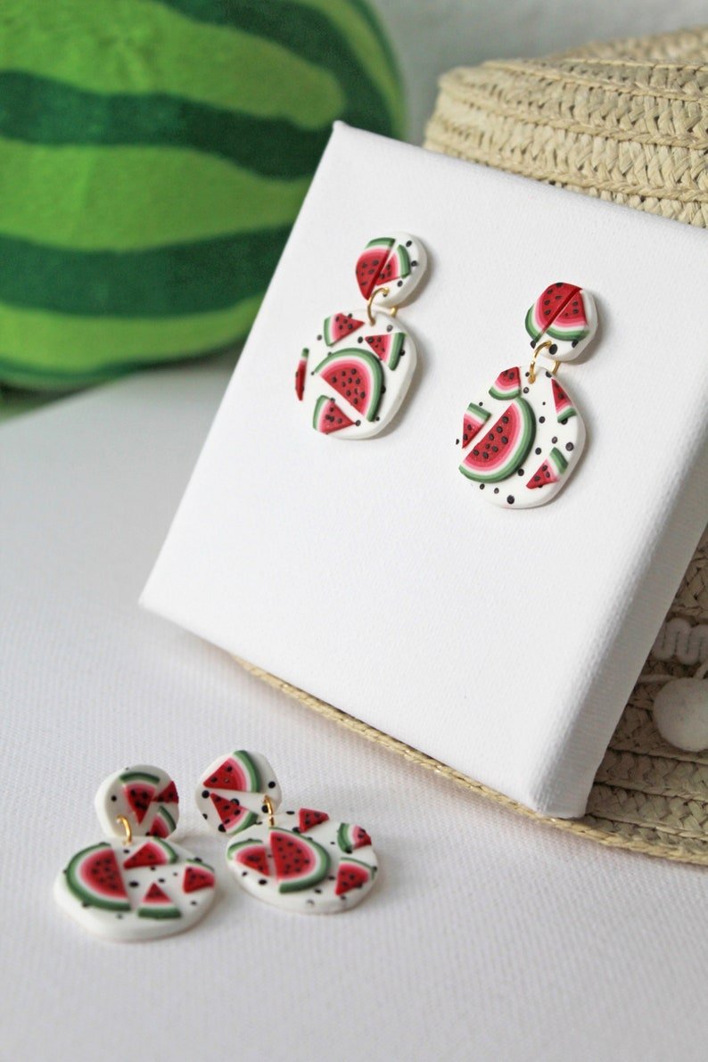Watermelon Dangle Earrings, Polymer Clay Earrings, Summer Earrings, Earrings - Studio Niani