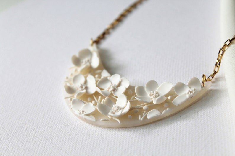 White Flower Necklace, Floral Necklace, Stainless Steel Chain, Polymer Clay Necklace, Elegant, Bridal - Studio Niani