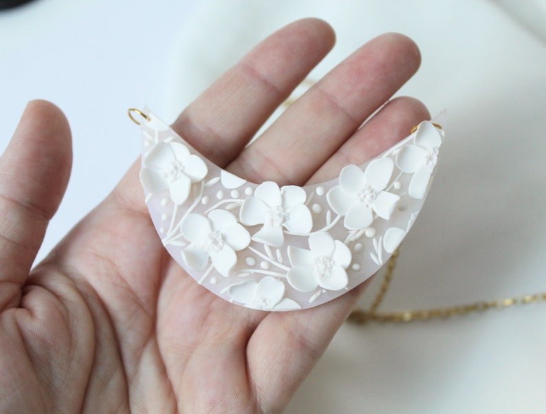 White Flower Necklace, Floral Necklace, Stainless Steel Chain, Polymer Clay Necklace, Elegant, Bridal - Studio Niani
