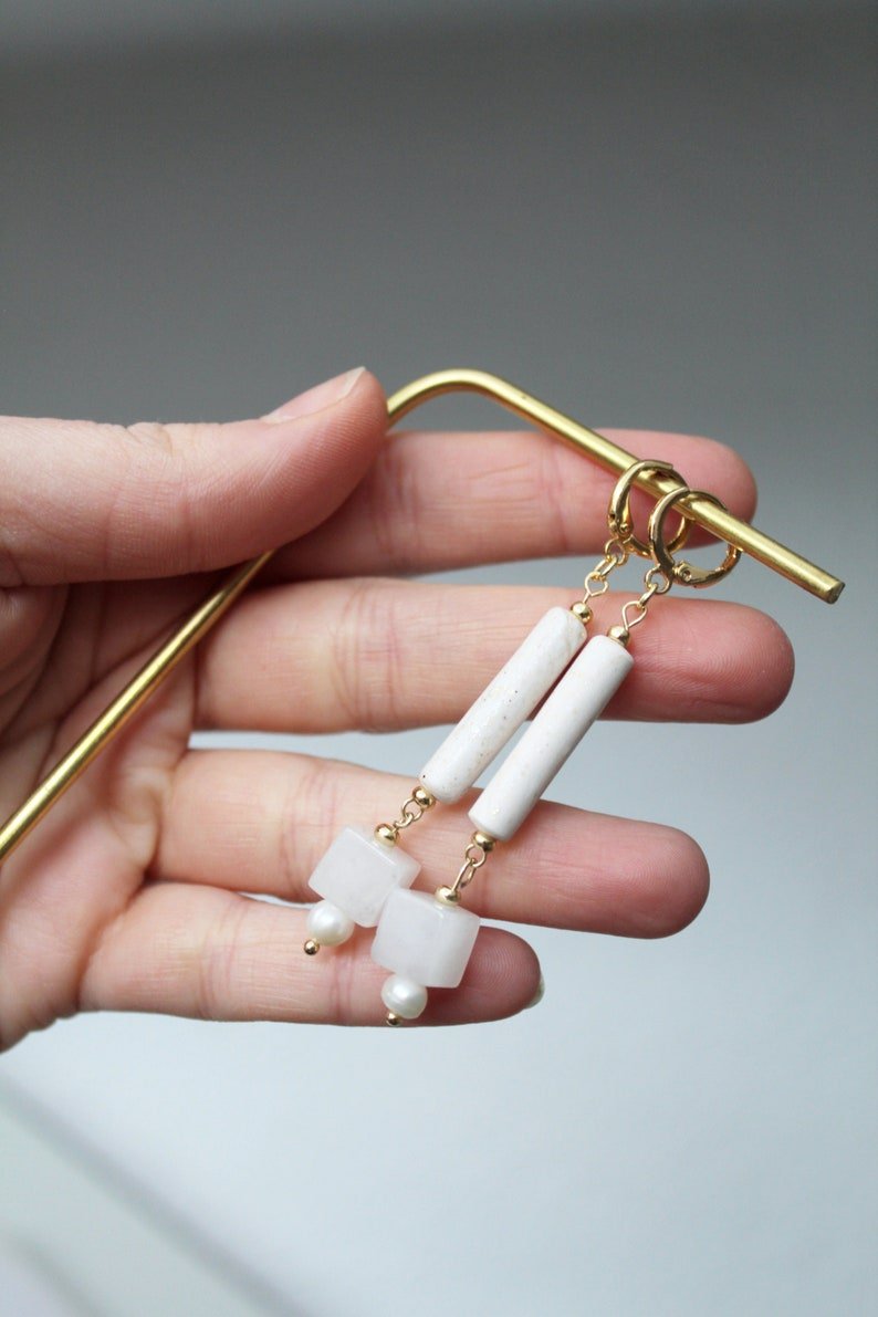White Jade Earrings, Elegant Gemstone Earrings with Freshwater Pearls, 24K Gold Plated - Studio Niani
