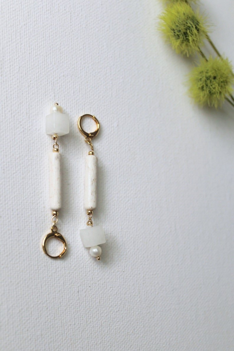 White Jade Earrings, Elegant Gemstone Earrings with Freshwater Pearls, 24K Gold Plated - Studio Niani